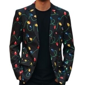 Dec 25th‎ Christmas Printed Long Sleeve Lined 2-Button Suit Blazer Jacket Size M